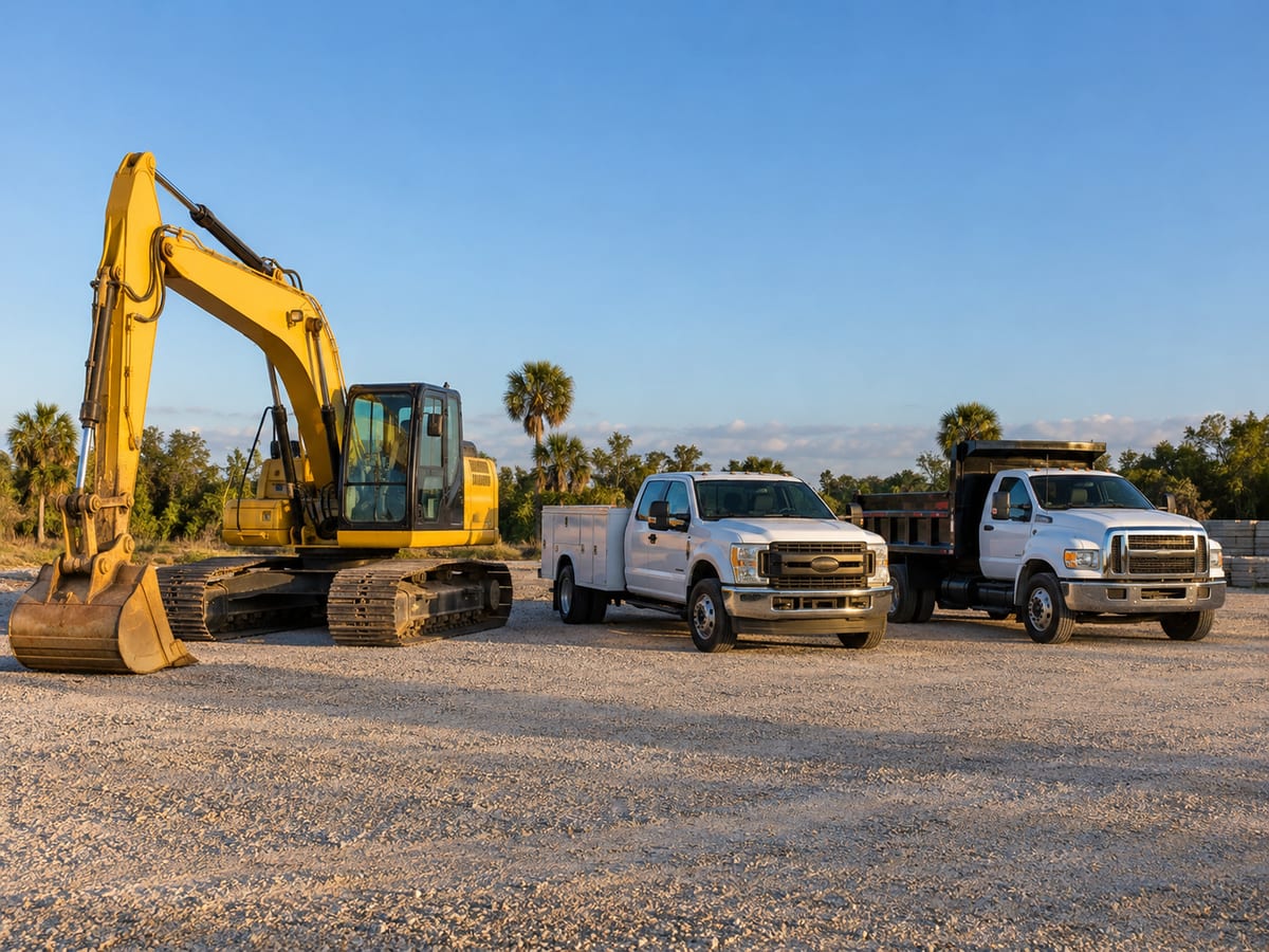An excavator, a service truck, and a dump truck parked on the gravel lot at Store at the Yard